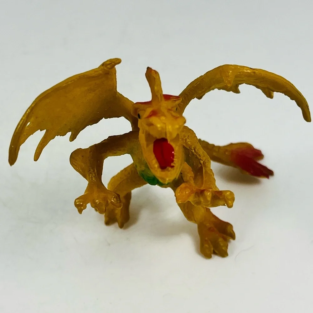 Vintage Plastic Dragon Figure Toy Yellow W/Green And Red 3.5